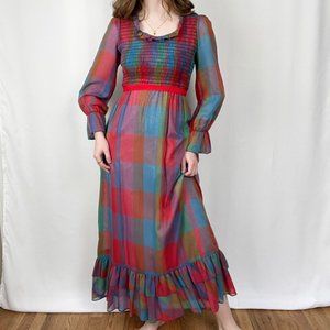 Vintage Cottagecore Puff Balloon Sleeve Plaid Tiered Ruffle Maxi Dress Handmade